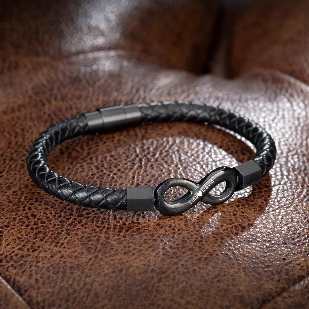 Personalized Muhva Store leather bracelet for husband with two engraved names and infinity design, showcasing the stylish accessory.