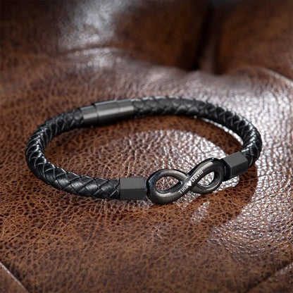 Personalized Muhva Store leather bracelet for husband with two engraved names and infinity design, showcasing the stylish accessory.