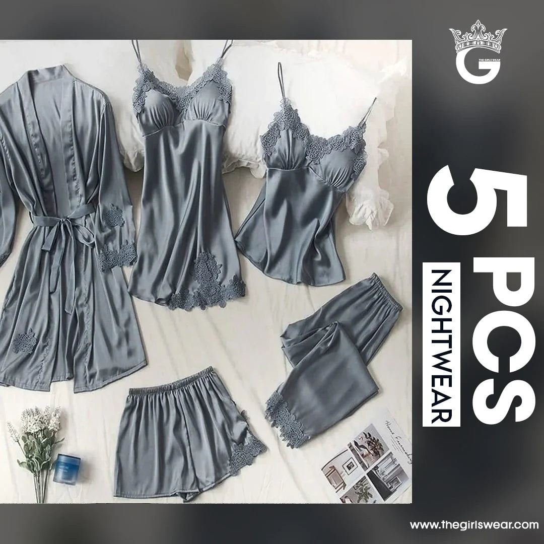 Girls nightwear set with five silk pieces featuring soft fabric and delicate designs from MUHVA STORE.
