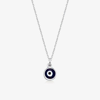 Silver evil eye pendant necklace with blue and white accents, featuring a protective charm, by MUHVA STORE.