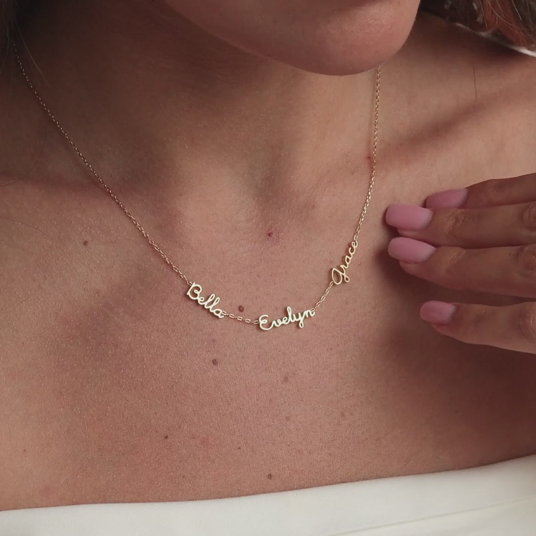 Tiny multiple name necklace by MUHVA STORE featuring delicate gold chain and personalized name pendants.