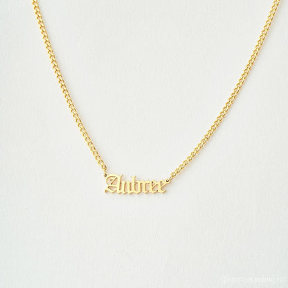 Gold Old English Name Necklace with custom engraved name on a delicate chain, crafted by MUHVA STORE.