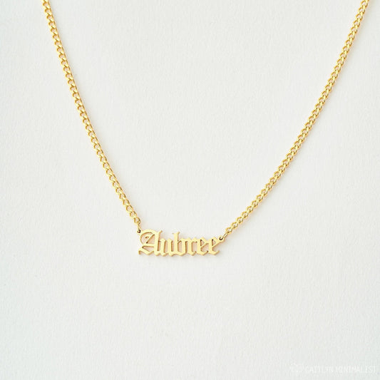 Gold Old English Name Necklace with custom engraved name on a delicate chain, crafted by MUHVA STORE.