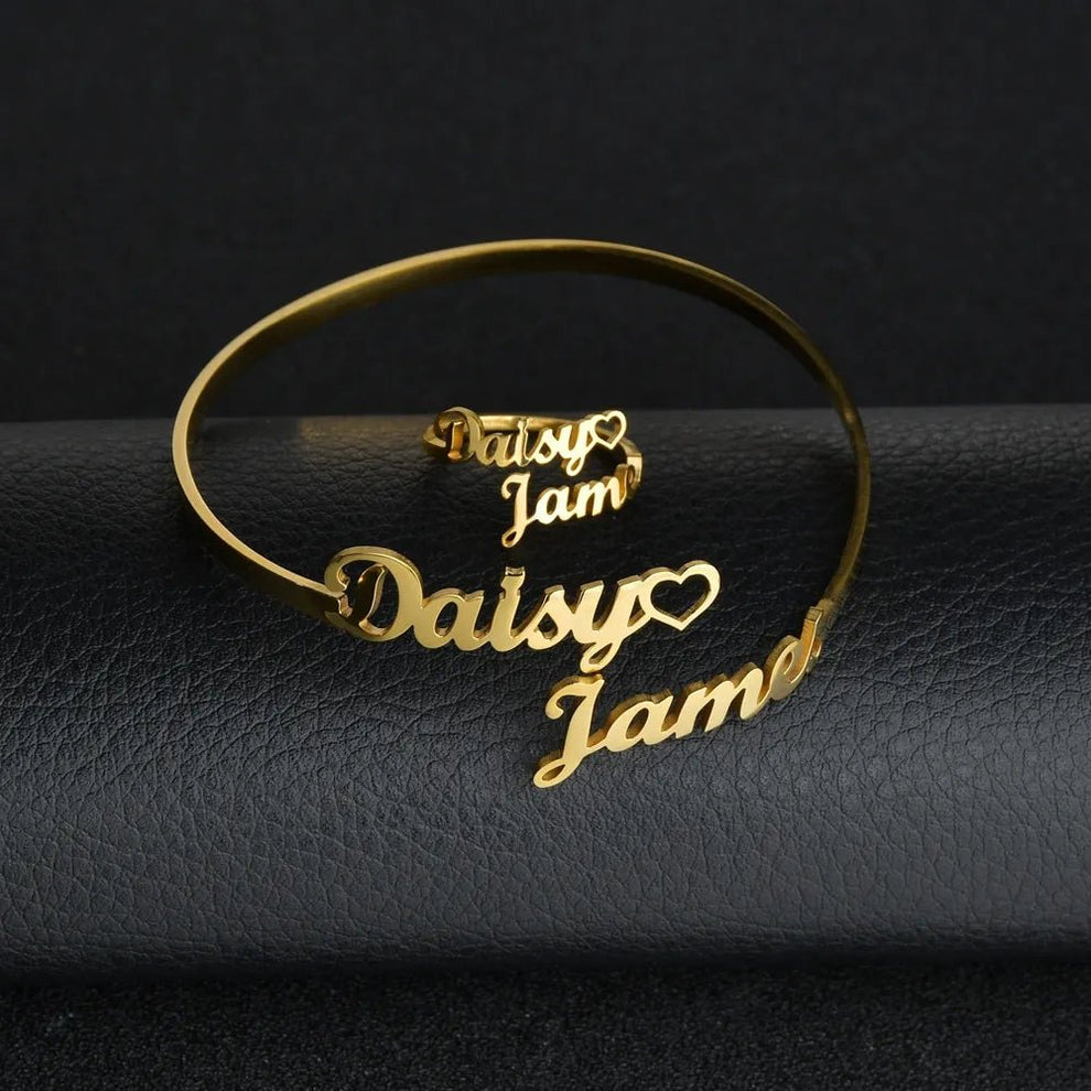 Personalized name jewelry set with custom engraved name pendants and matching chain necklaces, crafted by MUHVA STORE.