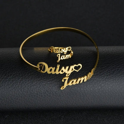 Personalized name jewelry set with custom engraved name pendants and matching chain necklaces, crafted by MUHVA STORE.