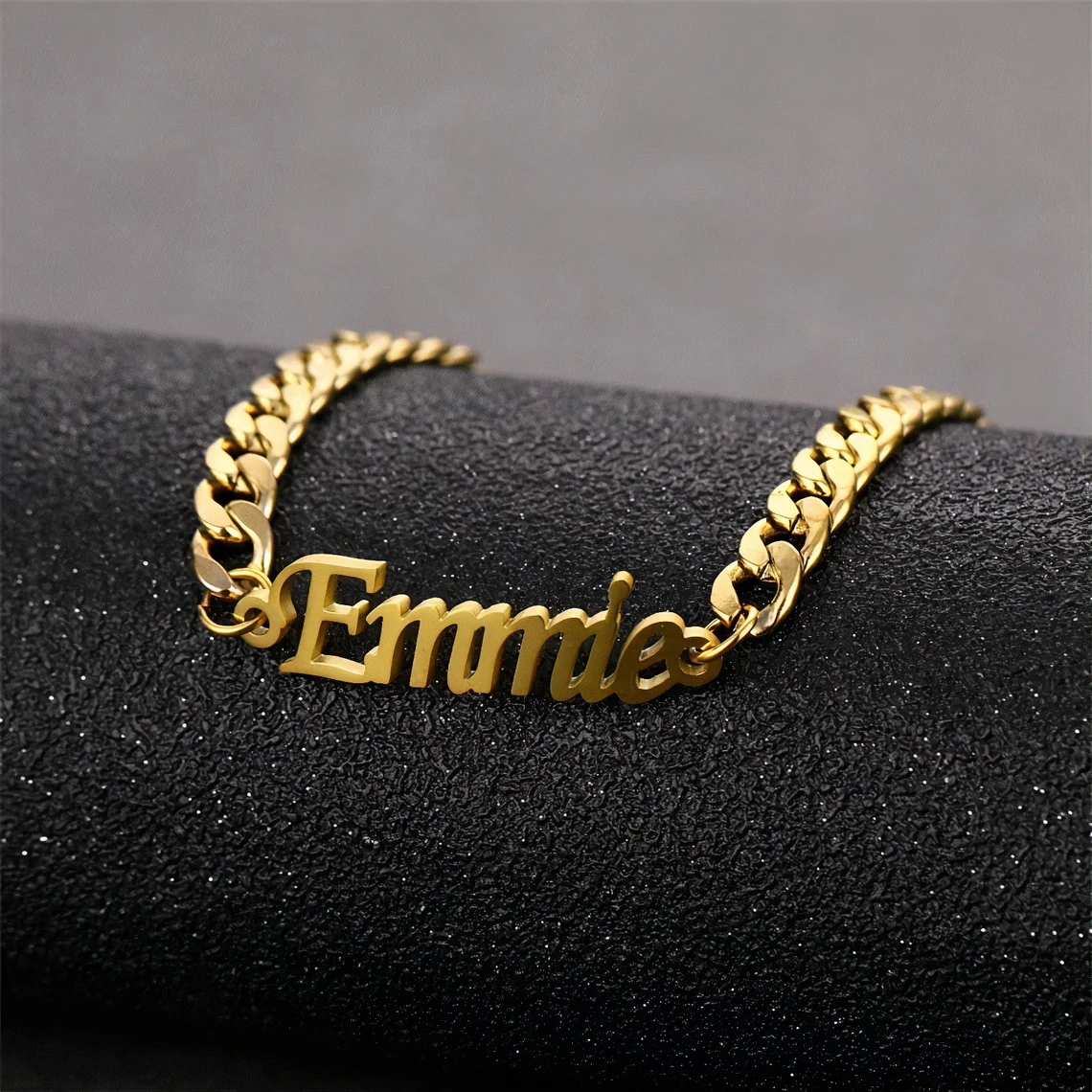 Custom name chain bracelet by MUHVA STORE featuring a sleek silver design with personalized engraved name on a delicate link chain.
