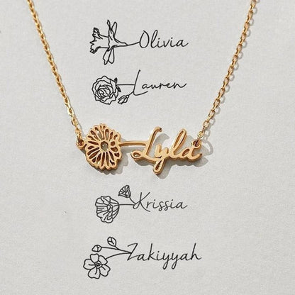 Personalized name necklace with a birth flower charm, crafted by MUHVA STORE, displayed on a delicate chain.
