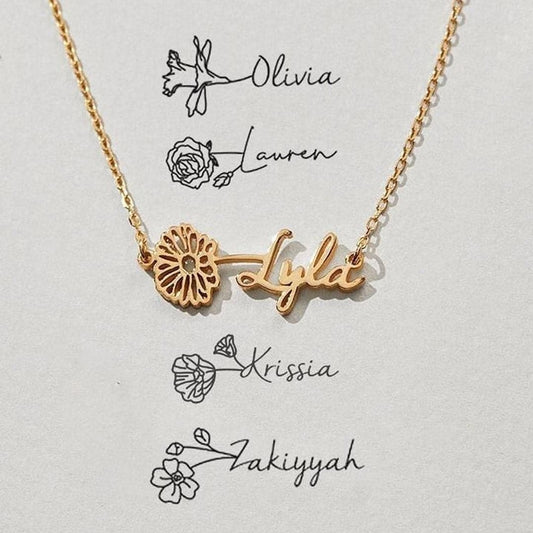 Personalized name necklace with a birth flower charm, crafted by MUHVA STORE, displayed on a delicate chain.