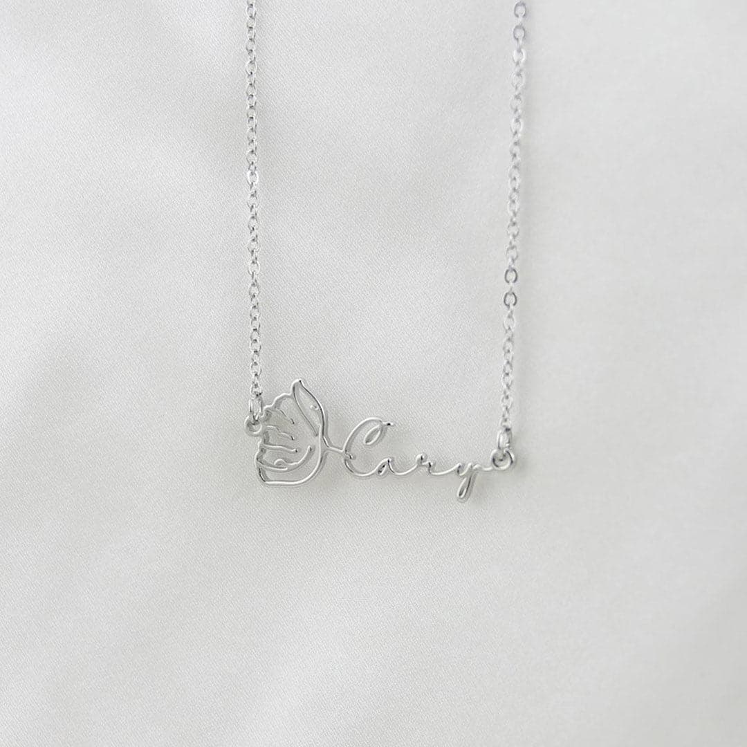Personalized name necklace with a birth flower pendant, elegant jewelry piece from MUHVA STORE.