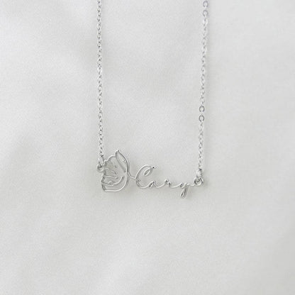 Personalized name necklace with a birth flower pendant, elegant jewelry piece from MUHVA STORE.