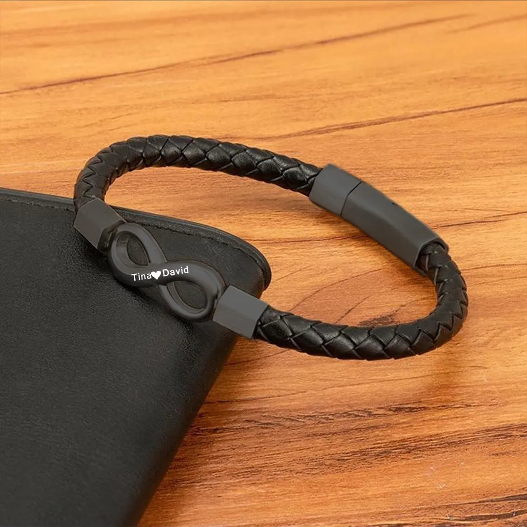 Personalized Muhva Store leather bracelet with engraved infinity symbols and two names for husbands.
