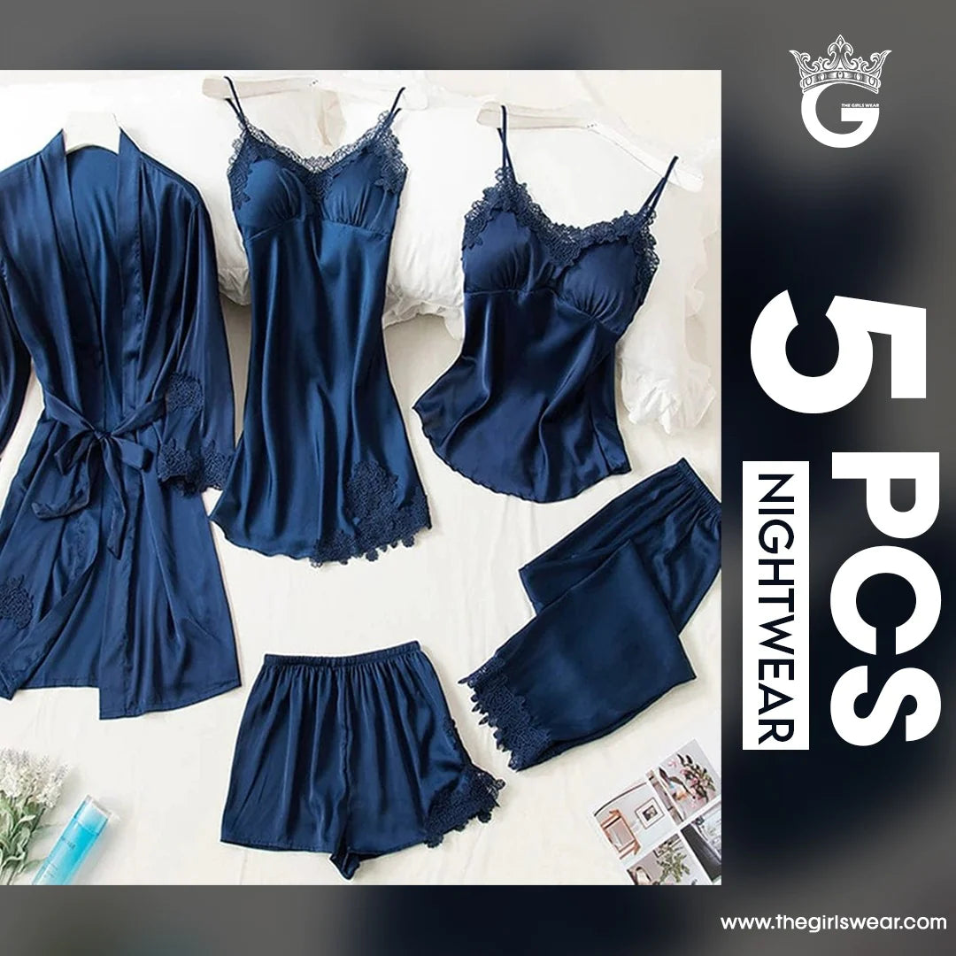 Girls' silk nightwear set with 5 pieces from MUHVA STORE, featuring soft, comfortable pajamas and accessories for a cozy sleep.