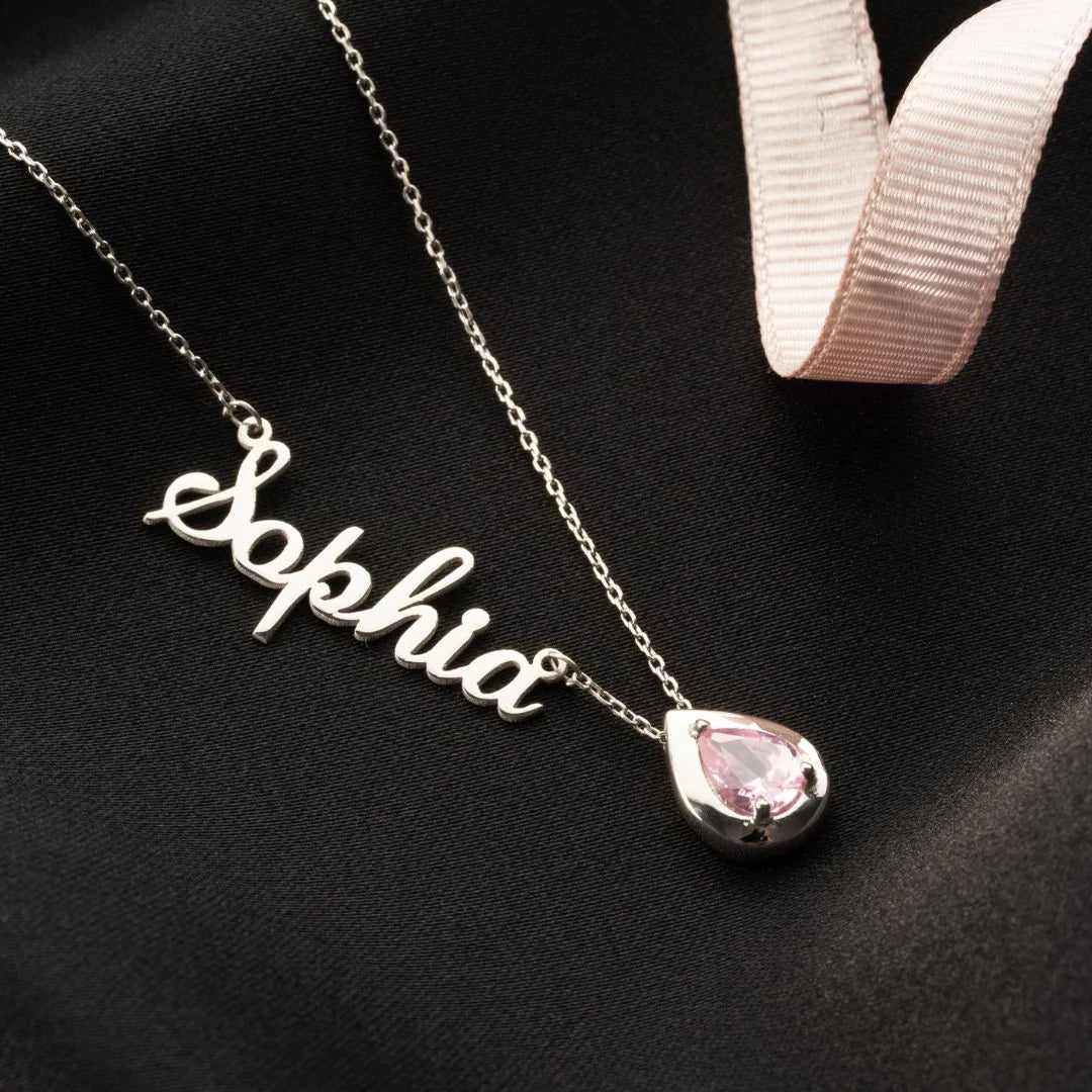 Personalized Sophia birthstone name necklace from MUHVA STORE featuring a delicate chain and custom name pendant with a sparkling birthstone.