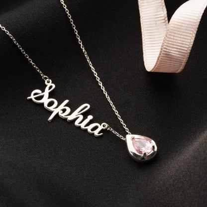 Personalized Sophia birthstone name necklace from MUHVA STORE featuring a delicate chain and custom name pendant with a sparkling birthstone.