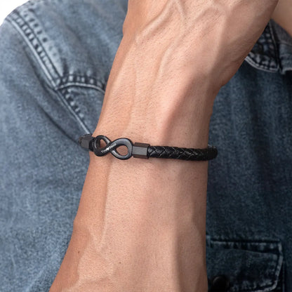 Personalized men's leather bracelet with engraved infinity symbol and two names, designed for husbands, by Muhva Store.