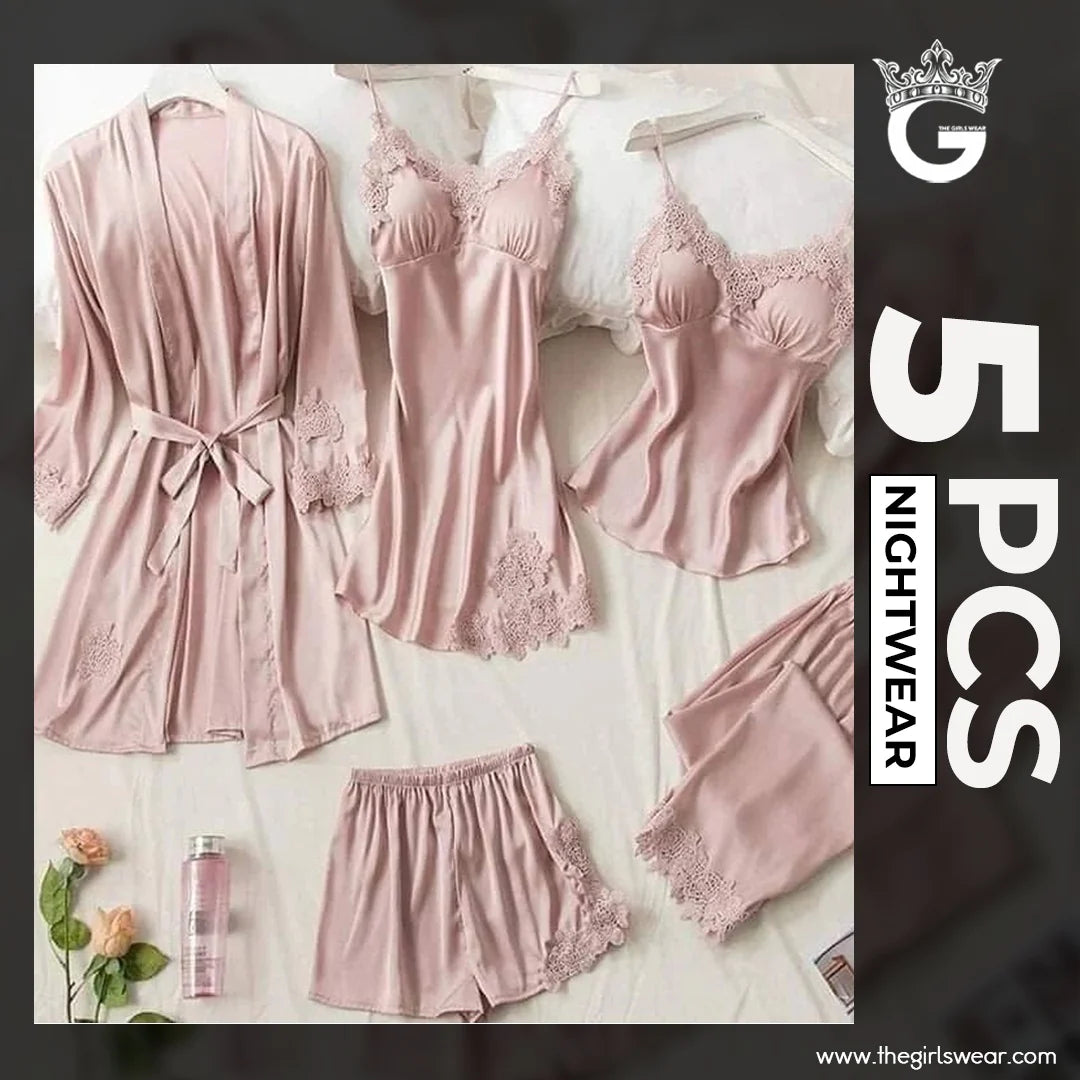 Girls' silk nightwear set with five pieces, including pajamas and accessories from MUHVA STORE, displayed on a flat surface.