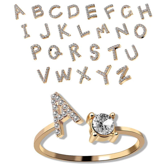 Pair of initial letter rings from MUHVA STORE, featuring silver-tone band with engraved letter R on each ring, stylish jewelry.