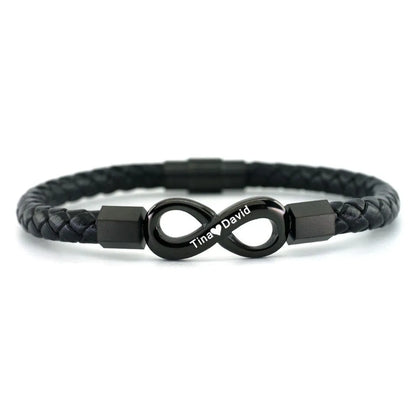 Personalized leather bracelet for husband with two names and infinity symbol, featuring sleek black leather and engraved silver accents.