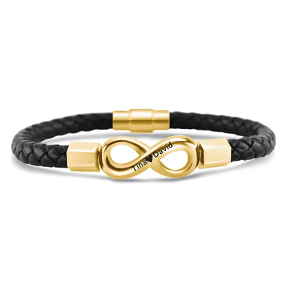 Personalized leather bracelet for husband with 2 names and infinity symbol, featuring a sleek design by Muhva Store.