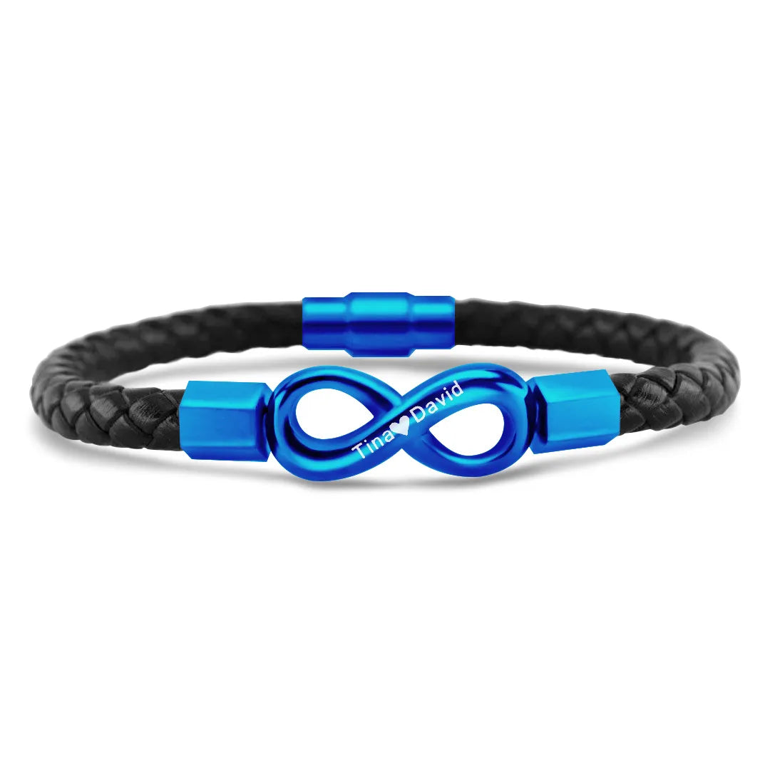 Personalized leather bracelet for husband with two engraved names and infinity symbol by Muhva Store.