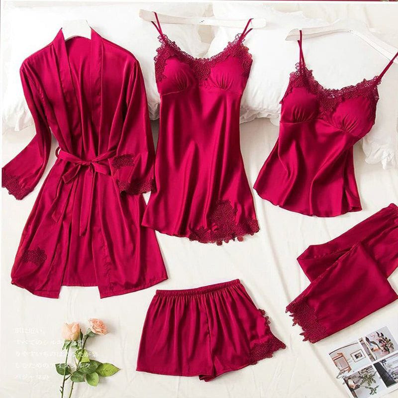 Girls' silk nightwear set with five pieces, featuring comfortable pajamas, robes, and accessories from MUHVA STORE.