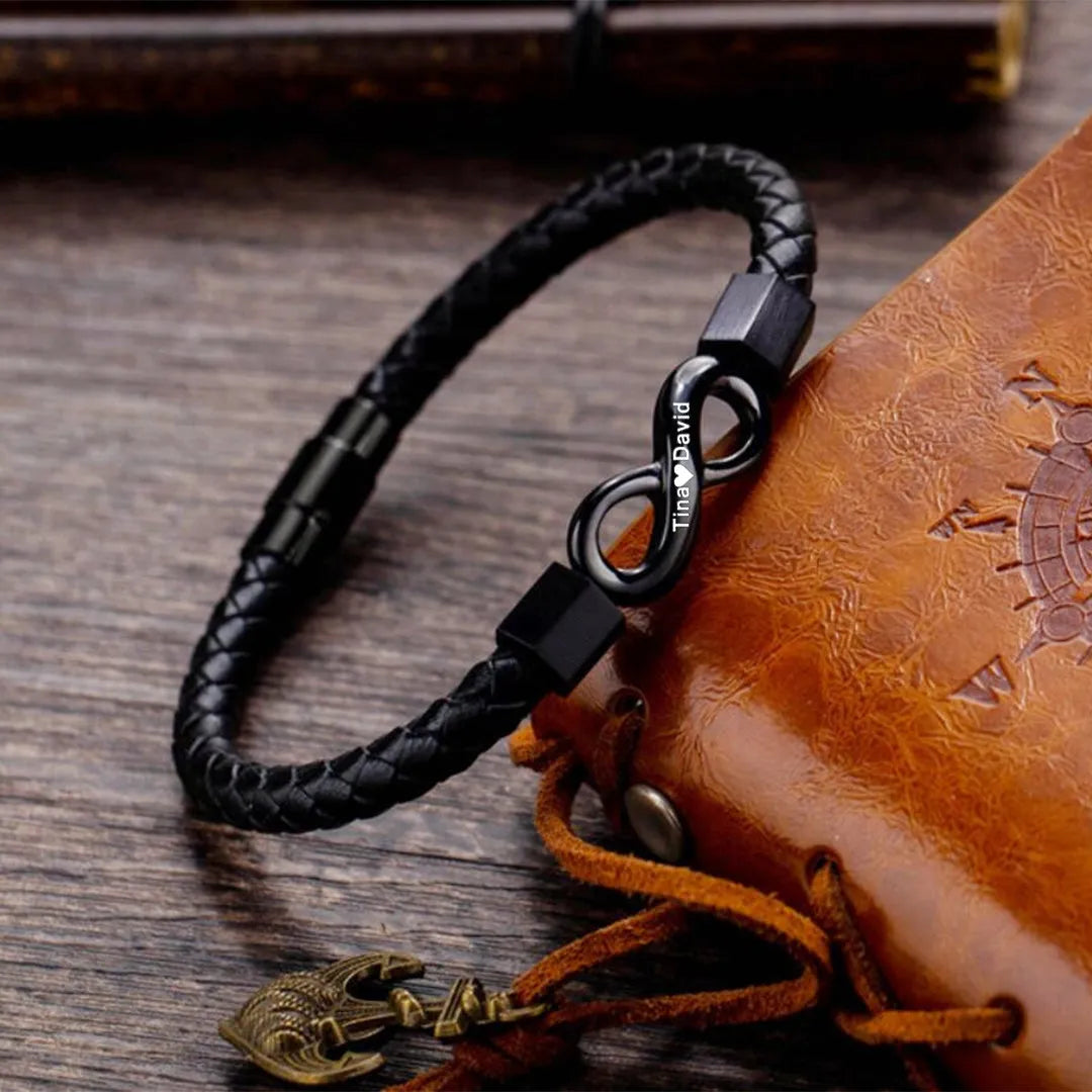 Personalized leather bracelet for husband with 2 engraved names and infinity design by Muhva Store