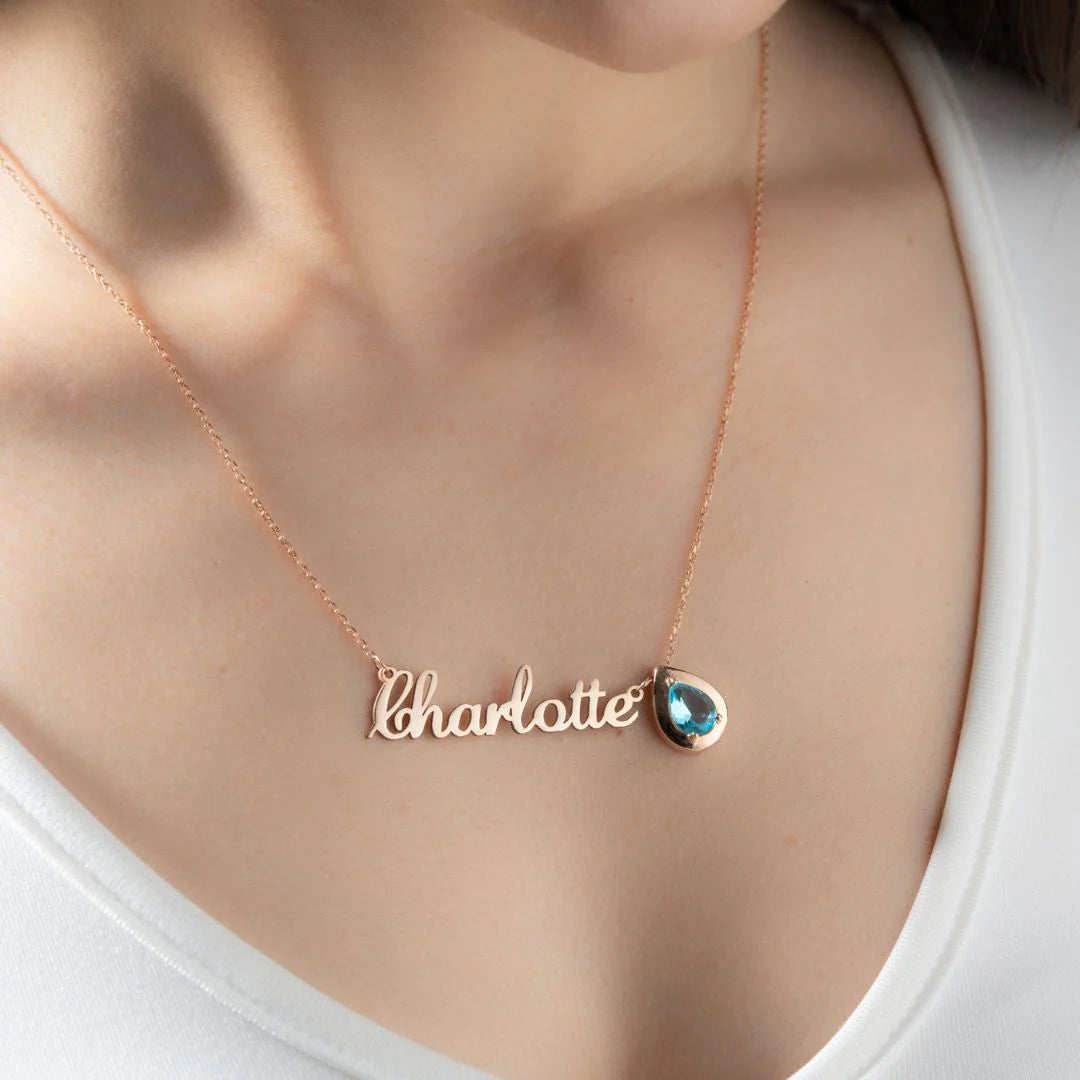 Elegant Sophia birthstone name necklace by Muhva Store featuring personalized gemstone and custom engraved name.