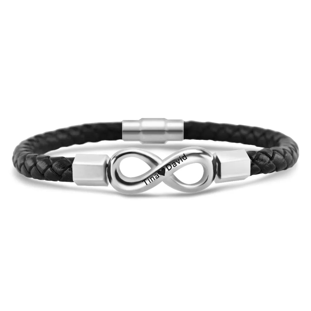 Black personalized leather bracelet with engraved infinity symbol and two names for husbands, by Muhva Store.