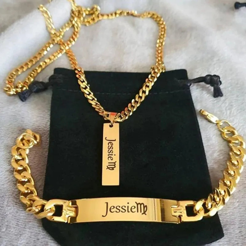 Custom personalized name jewelry set featuring a stainless steel geometric bar necklace and matching bracelet for women and men.