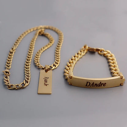 Set of two customizable jewelry pieces including a name necklace and name bracelet from MUHVA STORE, featuring personalized metal designs.