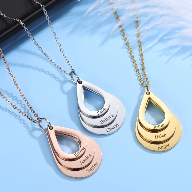 HD image of MUHVA STORE 3-name personalized drop necklace with custom engraved pendants on a delicate chain.