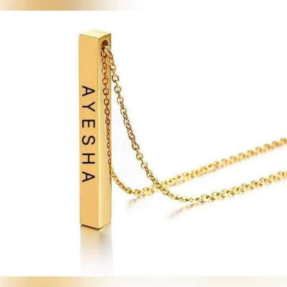 Two customizable bar necklaces from Muhva Store, featuring sleek metal designs, displayed on a neutral background.
