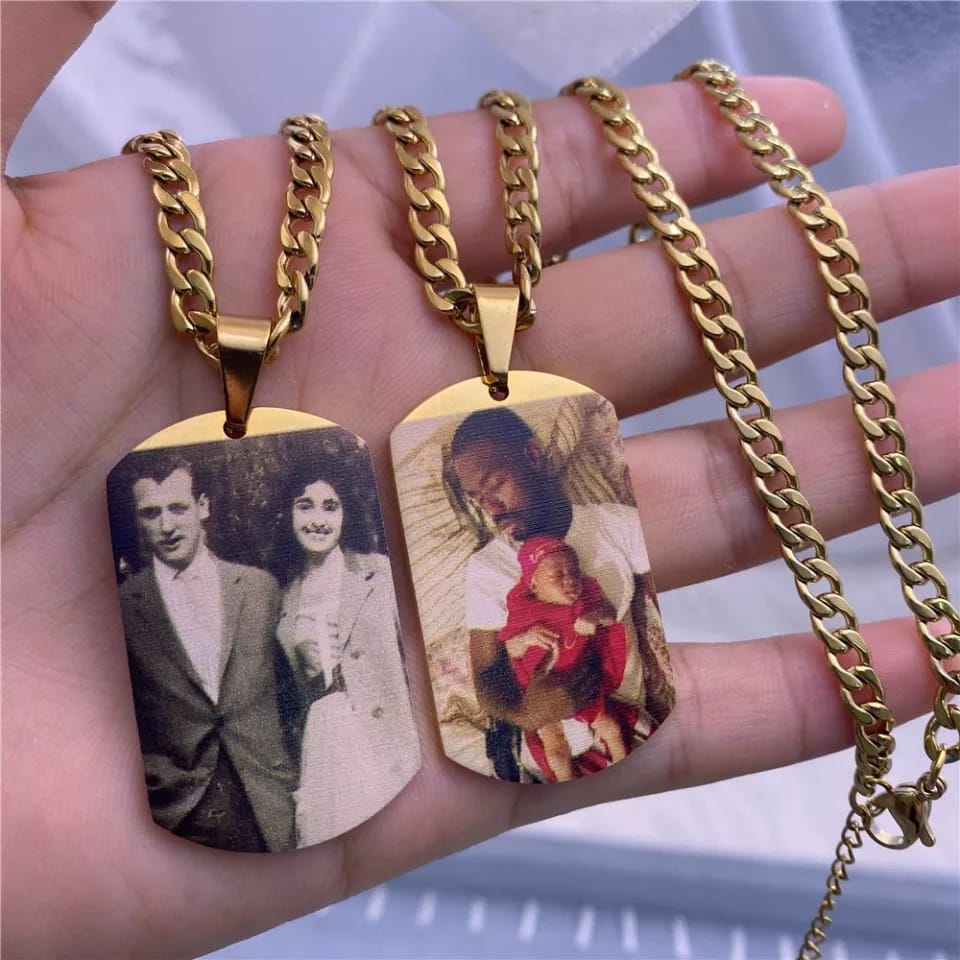 Personalized engraved necklace with custom photo pendant from Muhva Store, featuring a detailed engraved design on a silver chain.