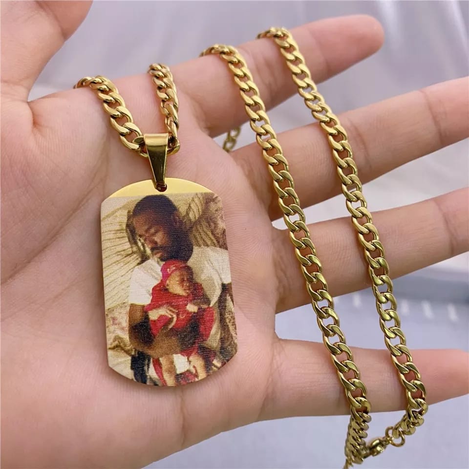 Personalized engraved necklace from Muhva Store featuring a custom picture pendant with intricate details.