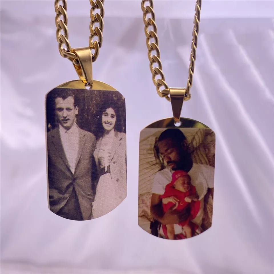 Personalized engraved necklace with custom picture pendant, featuring intricate details and a delicate chain from Muhva Store.