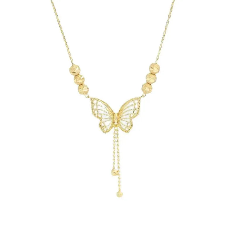 Pair of butterfly design necklaces by MUHVA STORE featuring titanium steel chains with tassels, beads, and butterfly charms.