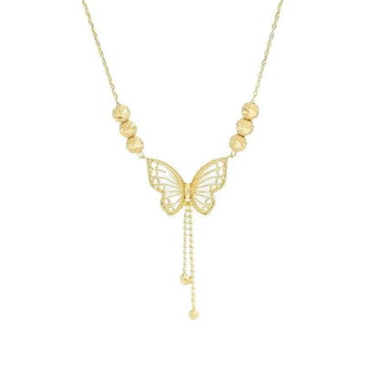 Pair of butterfly design necklaces by MUHVA STORE featuring titanium steel chains with tassels, beads, and butterfly charms.
