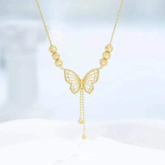 Butterfly design necklace set by MUHVA STORE featuring titanium steel butterfly tassel and lucky beads for women's fashion.