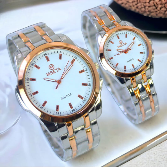 Silver couple watch MSETA M-001 by Muhva Store featuring matching round dials and sleek straps on a white background.