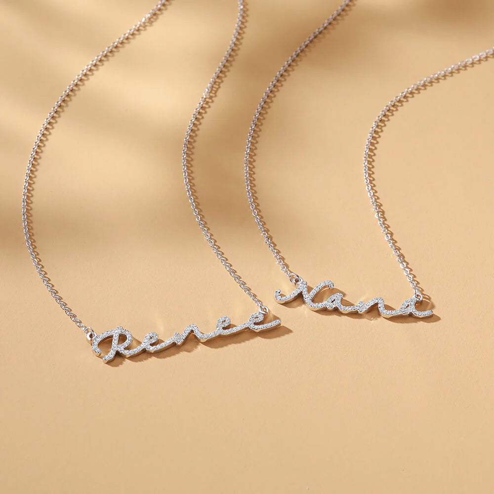 Zircon infused signature name necklace by MUHVA STORE featuring a personalized pendant with sparkling zircon stones on a delicate chain.