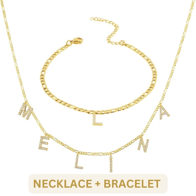 Letter necklace and bracelet set with gold-tone jewelry featuring customizable alphabet charms, stylish and elegant accessories.