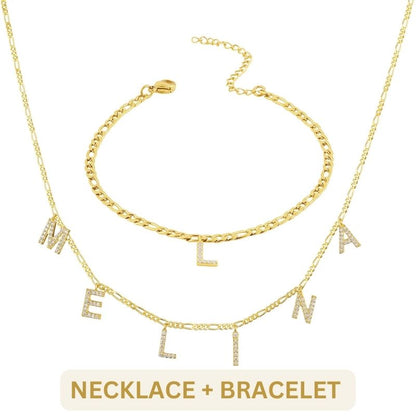 Letter necklace and bracelet set with gold-tone jewelry featuring customizable alphabet charms, stylish and elegant accessories.