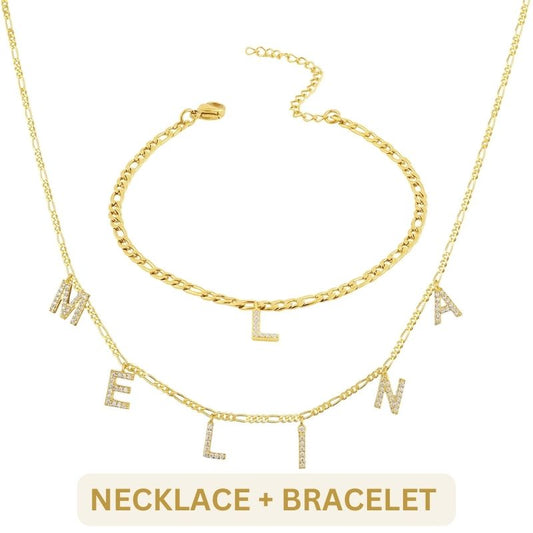 Letter necklace and bracelet set with gold-tone jewelry featuring customizable alphabet charms, stylish and elegant accessories.