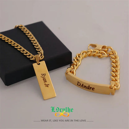 Personalized name necklace and bracelet set from Muhva Store, featuring custom engraved jewelry with stylish, modern design.