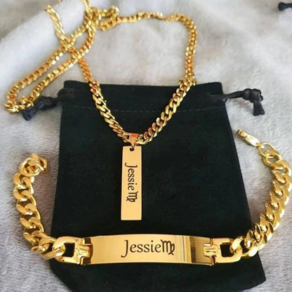 Pack of 2 personalized jewelry including customized name necklace and bracelet from MUHVA STORE, featuring elegant gold finishes.