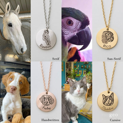 Pair of custom pet portrait necklaces by Muhva Store, featuring detailed engraved pet images on silver pendants.