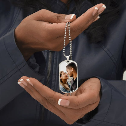 Engraved picture necklace by Muhva Store with a personalized photo pendant hanging on a chain.