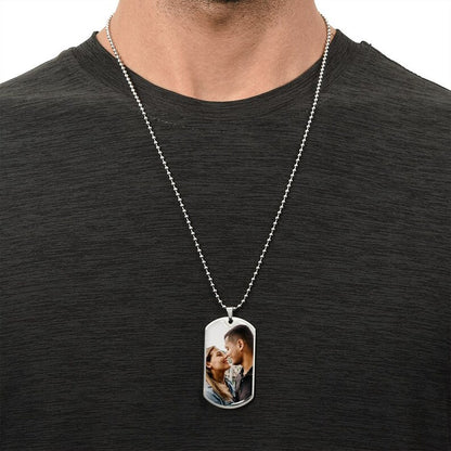 Engraved picture necklace from Muhva Store featuring a personalized pendant with a photo and intricate metal design.