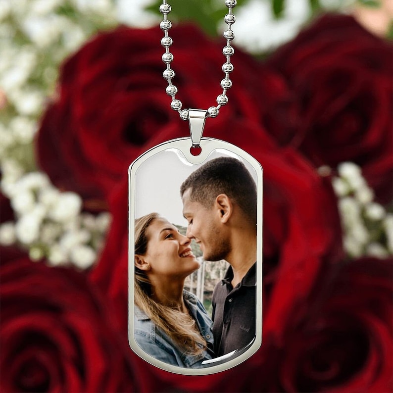 Personalized engraved picture necklace from Muhva Store featuring a silver chain with a custom engraved pendant.