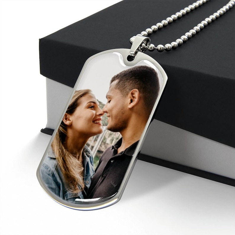 Engraved picture necklace with personalized photograph pendant, gold chain, and custom engraving from Muhva Store.